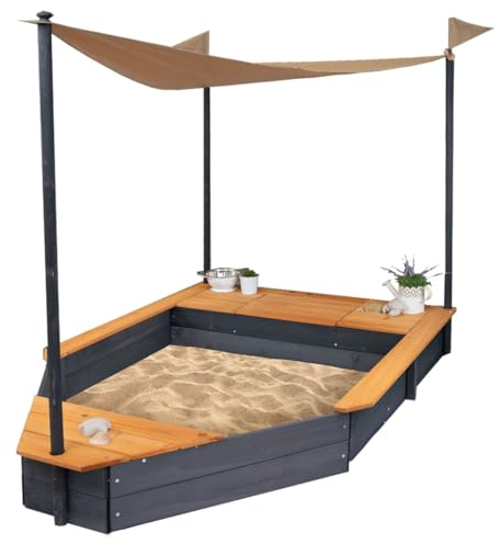Meppi Sandkasten Boot Usedom anthrazit/Teak - Sandkiste aus Holz - Schiff - Sandbox für Kinder mit Sonnensegel