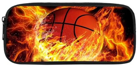 COEQINE Basketball Print Large Pencil Case for Toddler 9-12 Age Boys, Novelty Pen Holder Box with Zipper for Back to School,Fire Ball Pattern