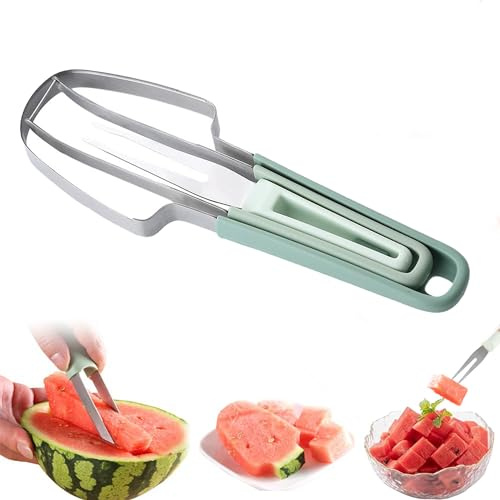 3-In-1 Wassermelonen Schneider, Edelstahl Melonenschneider, Melonenausstecher, Watermelon slicer, Obstschneider für Melonen, Wassermelonen Gabelschneider, für Küche, Familie, Partys, Camping (Grün)