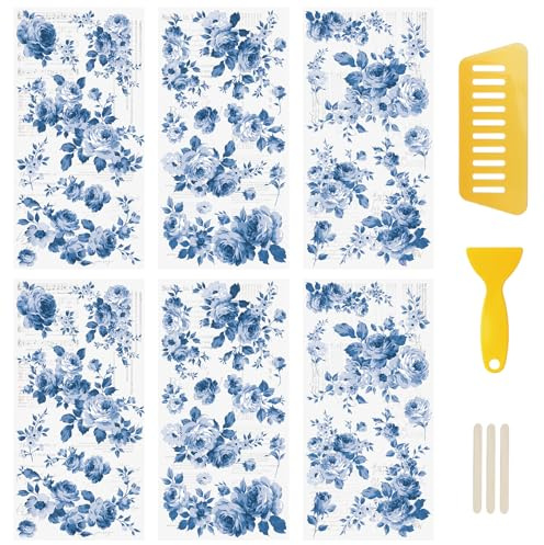 WANDIC 6 Sheets Rub On Transfer Stickers, Blue Flowers Decals Waterproof Stickers Furniture Transfers Stickers for DIY Scrapbooking,Day Deals 2025