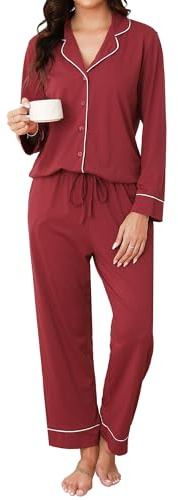Reliwel Pyjamas Dam Bomull Vinterpyjamas Set Pyjamas Långärmad Skjorta Med Knappar Och Byxor Hemmapyjamas Tvådelad Supermjuk Bekväm, Vinröd, M