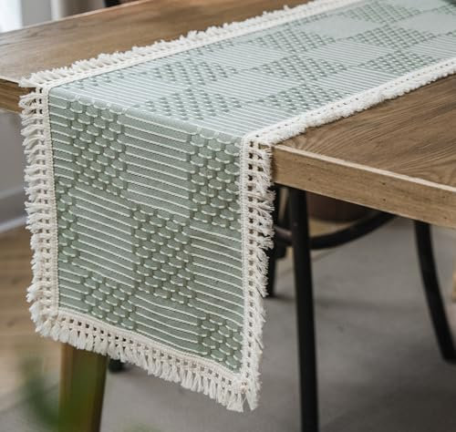 Fudaiki Modern Tischläufer Tischdecke mit Quaste Eckig Abwaschbar Tischtuch Pflegeleicht Tischläuf Rechteckig Tischwäsche Tapisserie Grün 33x200cm