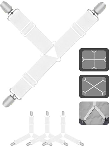 LOZTBUE Lot de 4 tendeurs de draps, boucle de lit réglable, tendeur de drap triangulaire, tendeur de drap avec clip en métal, pour draps, matelas, canapés