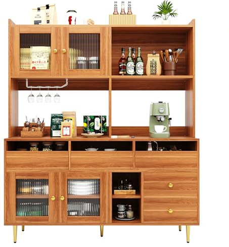 DRIXNO Restaurant-Hochschrank (145x39 x171 cm), Changhong-Glastür, Weinglasregal, Mehrschichtigem Stauraum, Holzstruktur und Golddekoration, Geeignet für Restaurants