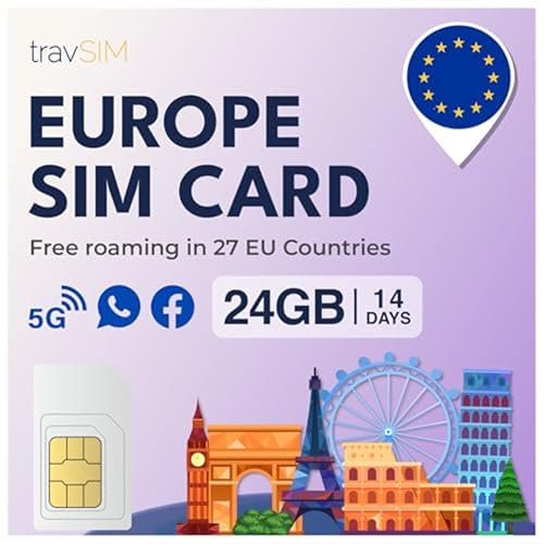 travSIM SIM Karte Europa | 24 GB Daten mit 4G/5G-Geschwindigkeiten | Nur Daten-SIM | Verwendung der Europa-SIM-Karte in 27 Ländern in der EU | Plan auf SIM-Karte für Europa gültig für 14 Tage