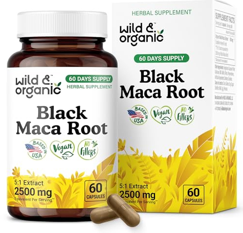 Wild & Organic Black Maca Root Capsules for Women & Men 500 mg - Maca Root Extract for Overall Support - 60 Vegan Capsules - Men & Women Supplement - 60 Days Supply - Non-GMO, No Fillers, Gluten-Free