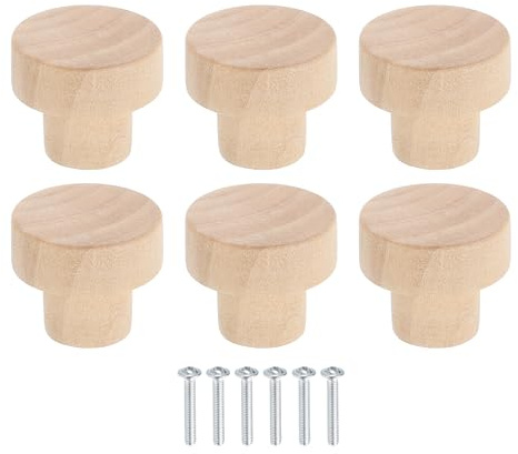 sourcing map 6Pcs Round Wood Drawer Knob, 1 1/8 Diameter Flat Round Dresser Knobs Wooden Knobs with Screws for Furniture Drawer Dresser Wardrobe Cupboard