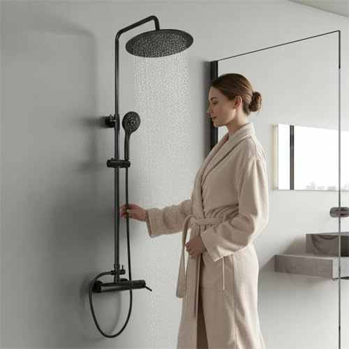 KOMIRO Colonne de Douche Noir, Colonne de Douche avec Mitigeur, Ensemble de Douche avec Hauteur Réglable, Pomme Douche de Tête 250 mm Rond et Douchette 3 Jets D'eau pour Salle de Bain