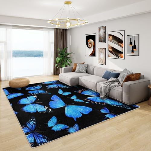 Schmetterling Deko Blau - Teppich Wohnzimmer Schlafzimmer Schmetterling, Großer Teppich Kinderzimmer Deko, Weich Kurzflor & Waschbar & Rutschfest Wohnzimmerteppich, Kinderteppich, 160x230 cm