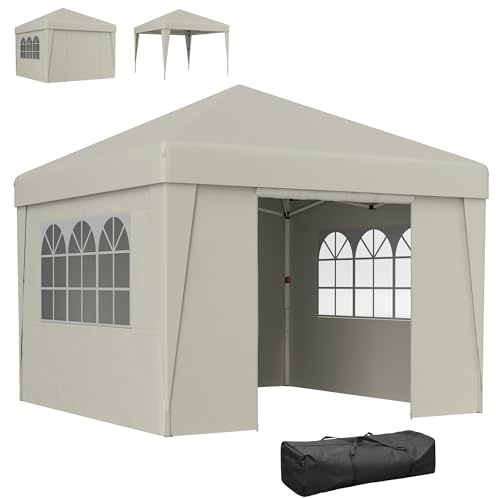 Outsunny Tonnelle de Jardin Pop-up Pliante tonnelle Barnum Tente de réception 3 x 3 m Anti-UV 30 + avec fenêtres parois latérales Sac de Transport crème