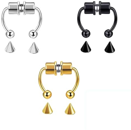 HABNI 3 Stücke Gefälschte Nasenringe Magnetische Nasenringe Edelstahl Hufeisenring Künstlicher Nasenring Wiederverwendbar(Schwarz, Stahlfarbe, Gold)