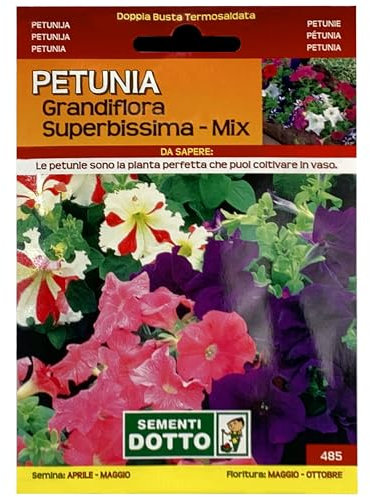 Sicignano | Semi Petunia Grandiflora Superbissima in Miscuglio Mix, Pianta a Foglie Ovate, Fiori Annuali Durano a Lungo, Busta Extra - 4 Confezioni da 0.02g, Pianta da Vaso, Adatta a Pieno Sole