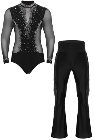 JEATHA Completo da Ballo Latino Uomo Camicia Body Danza Classica con Strass e Pantaloni a Zampa Nappe da Danza Moderna Tuta da Pattinaggio Artistico Salsa Rumba Nero XL