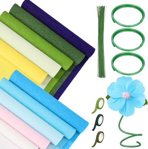 Gilprop 116 Pcs Crepe Paper Flower Stem DIY Kits Set, Include 9.8 x 98 in Crepe Paper Sheet 14.76 Ft Floral Iron Wire for Flower Making Birthday Parties Weddings Festival Decor(Blue)