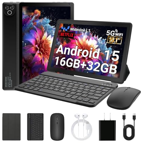 Laptok Android 15 Tablette 10 Pouces avec 32 Go ROM+1 to TF, 5000 mAh, WiFi 6, Bluetooth 5.4, Tablette Tactile avec étuis de Protection pour Souris, Clavier et Casque (Noir)