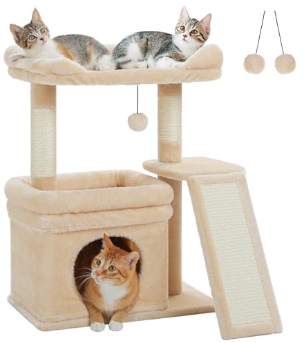 PAWZ Road 27'' Cat Tree with Large Perch, Condo Beige | Sisal scratching post, scratching board, dangling ball, space-saving design, climbing, resting, daily claw care