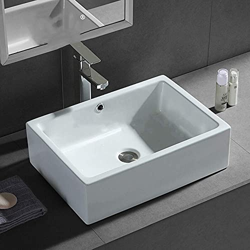 WEYFH Mobiletto per Bagno Rettangolare in Ceramica, lavabo da appoggio in Ceramica per mobiletto del Bagno con Scarico per Rubinetto, lavandino, Rubinetto Quadrato (Bianco, Rubinetto Bianco)