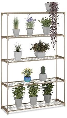 Relaxdays Blumenregal, HxBxT: 140 x 91 x 28 cm, 5 Ablagen, Stecksystem, Metall & Kunststoff, Gewächshaus Regal, braun
