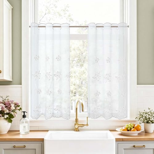 TOPICK Scheibengardine Bistrogardine 2er Set Gardinenschals H90xB65 Weiß | Lichtdurchlässig Küchengardinen für Küche modern Kurzgardine Wohnzimmer Küchenfenster Fensterschal Landhausstil Küchevorhänge