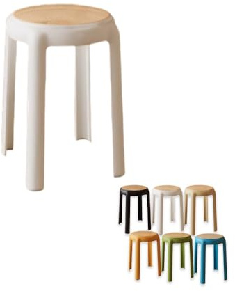 45,7 cm runde stapelbare Barhocker, rückenfrei, tragbare Stühle mit Rattan-Sitz, Mehrzweckstühle für Zuhause, Büro, Schule, Garten, Balkon, weiße Stapelhocker