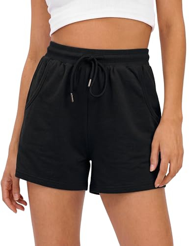 Litherday Shorts Deportivos Mujer Pantalones Cortos de Algodón Cintura Alta Elástica con Bolsillos y Cordón Verano Pantalón Corto Chándal Casual Ligero para Yoga Gimnasio y Uso Diario S-XXL