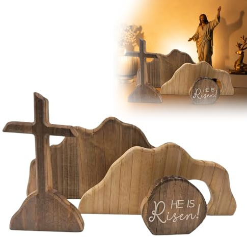 Hölzernes leeres Grab Osterszene, Hölzerne Auferstehungsszene Kreuz & Grab Tablett Set, Rustikales braunes Kreuz Jesus Grab-Tablett Set, Christliche religiöse Osterdekoration für Zuhause Büro