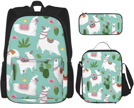 ASFgda Tropical Llama Alpaca Cactus Flower Print School Backpack Set with Lunch Bag Pencil Case,Durable Lightweight Large Capacity for School Daily Use