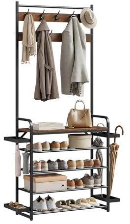WOLTU Kleiderständer mit Schuhregal, 9 Doppelhaken, Seitenablageschalen | Garderobenständer für Flur Schlafzimmer, 80x190x30 cm, Rustikales Braun + Schwarz
