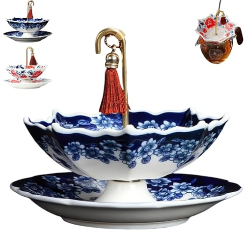 Exquisite Ceramic Umbrella Tea Strainer - Traditional Chinese Tea Infuser Set for Loose Leaf Tea, Fine Porcelain Filter with Tray for Home Decor & Kung Fu Tea Ceremony (Blue Flower)