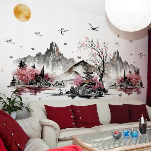 WandSticker4U®- [Grand format] Stickers muraux paysage JAPONAIS salon (202x95 cm) I Autocollant mural cerisier Sakura pagode chinoise montagnes I Décoration murale chambre adulte zen asiatique XXL