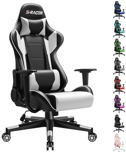 Furniwell Gaming Chair PU Leather Office Chair High Back Computer Desk Chair Adjustable Swivel Racing Executive Leather Ergonomic Task with Headrest and Lumbar Support (White)