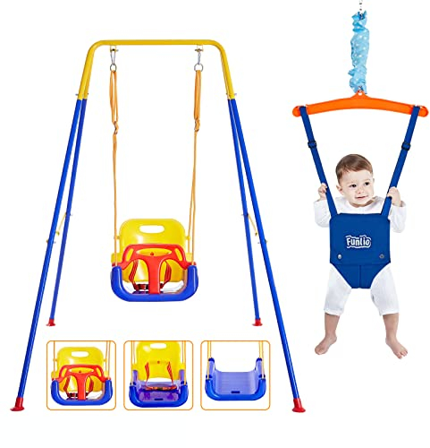 FUNLIO 2-in-1 Schaukeln Set und Baby Türhopser für Kleinkinder, Schaukelset für Kinder mit 4 Sandsäcken, Faltbarer Metallständer für drinnen und draußen, einfach zu montieren und aufzubewahren