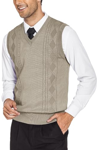 COOFANDY Chaleco de punto para hombre con cuello en V, mangas sin costuras, ajuste regular, para negocios, invierno, caqui, L