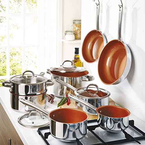 11 Piece Stainless Steel Kitchen Cookware Set – Dishwasher & Oven Safe Pots & Pans Set with Copper Non-Stick Coating & Stay Cool Handles – Suitable for Gas, Electric, Ceramic & Induction Hobs