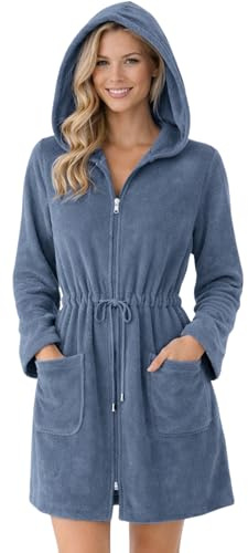 Morgenstern Bademantel Damen Reißverschluss Kapuze Frottee Leicht Kurz Emily Jeansblau M