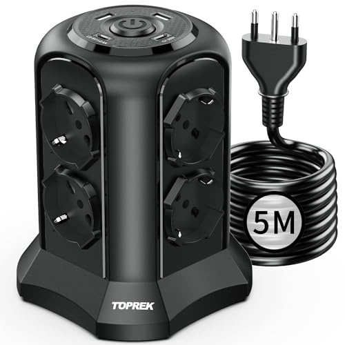 TOPREK Vertikale Steckdosenleiste mit 8 universellen ITA 10/16A- und Schuko-Steckdosen und 2 USB C und 2 USB A (1 20 W PD3.0 Schnellladung), 5 m Kabel, 4000 W/16 A, 16 A-Stecker, schwarz