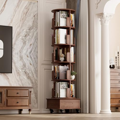 Vockol Librería Giratoria de Madera Maciza con 1 Cajón, Librería Rodante con Ruedas, Torre Librería Giratoria Que Ahorra Espacio para Salón, Dormitorio, 185 x 47,5 x 47,5 cm, Nogal