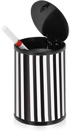 Rauchfreier Aschenbecher für Zigaretten im Innenbereich, mit Deckel, Edelstahl, tragbares Autozubehör, Zigarettenbehälter für Auto, LKW, Schwarz / Weiß gestreift