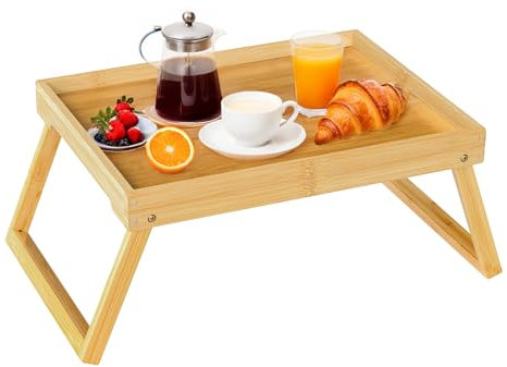 Plateau de lit en bambou avec pied pliant, plateau de petit déjeuner au lit pour manger, table de télévision, ordinateur portable, collation, canapé ou travail, bureau pour ordinateur portable (Beige)