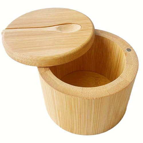 Onperpoe Bamboo Salt Cellar Bowl Box with Built-in Spoon, Wood Salt Cellar with 360° Swivel Magnetic Lid, Salt Pigs for Kitchen Storage, 7 oz