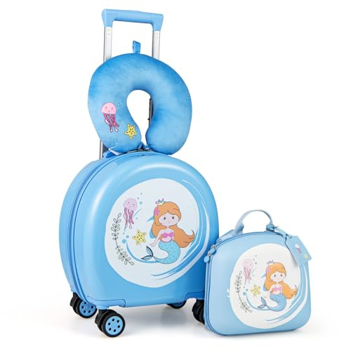 GOPLUS Valise Cabine Enfant 4 PCS, 14'' Valise à roulettes Enfant avec 10'' Sac à Dos, Oreiller Cervical, Etiquette Nominative, Motifs Sirène, Valise de Voyage pour Garçon Fille 3 à 7 Ans (Bleu)