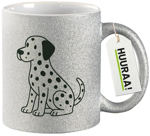 Huuraa Glitzertasse Dalmatiner Comic Dotti Geschenk | Motivtasse 330ml Glitzer Tasse mit Spruch Silber Keramik Kaffeebecher Geschenkidee Silver Glitter Becher mit Motiv