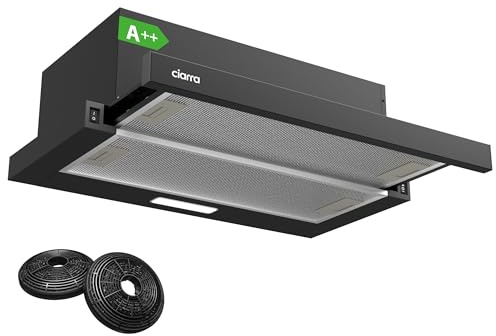 CIARRA AWB6906D A++ Flachschirmhaube 60 cm Dunstabzugshaube Umluft 370 m³/h mit CBCF002X2 Aktivkohlefilter Integrierte Flach Abzugshaube Schwarz