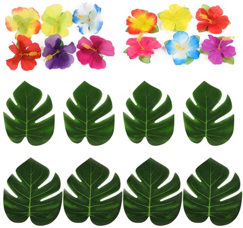 duisoad 96 Stück Tropische Blätter Dekorationen, Große Tropische Blätter Palmenblätter Deko und Hibiskusblüten für Dschungel, Strand, Partydekoration