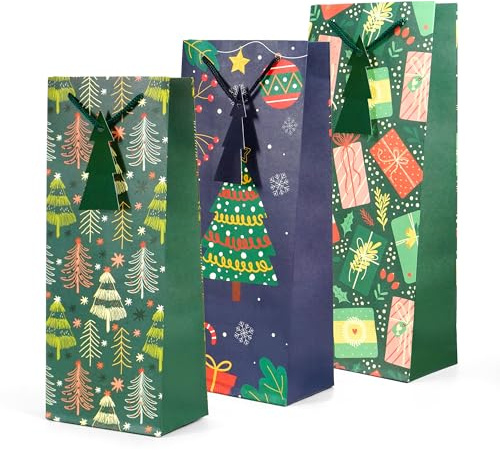 Kraft & Co Christmas Wine Bottle Gift Bags - 3 Pack, 200gsm - Joy | Kraft Paper with Rope Handles, Eco-Friendly & Recyclable, Fits Standard Wine Bottles