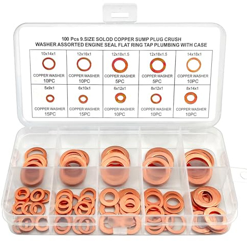 ADNEWX 100 piezas de anillos de cobre, surtido de anillos de cobre 9 tamaños M5-M14 anillo de cobre para tornillos de drenaje de aceite, arandelas planas para autos, motocicletas, tornillos de motor
