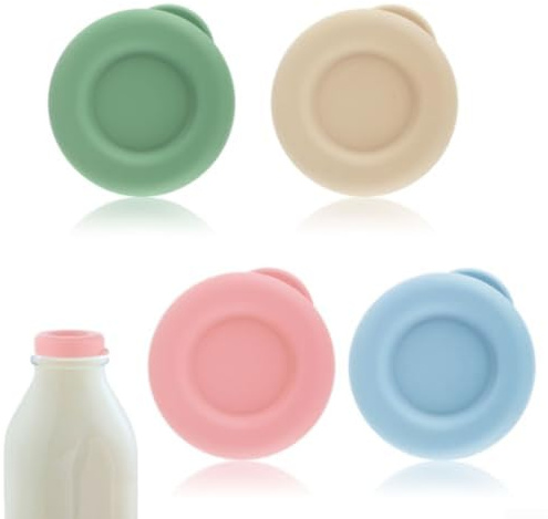 Yuanpgky Tapas de silicona para botellas de leche de 48 mm, reutilizables, coloridas, para botellas de vidrio Stanpac y Libbey, a prueba de fugas, aptas para microondas y lavavajillas (4 piezas)