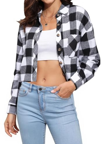 Dressmine Long Sleeve Button Down T Shirts Women Ladies Checked Shirt Black White Flannel Cropped Winter Fashion Outfits Size 12