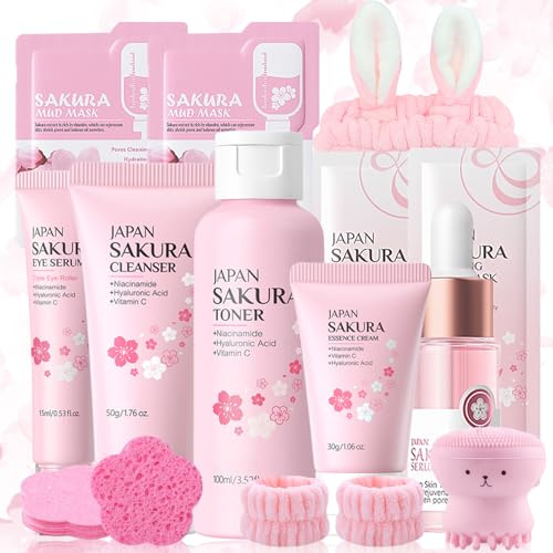 Sakura Gesichtsreinigung Skincare Set, 23PCS Sakura Gesichtspflege Set, mit Reiniger, Toner, Augenserum, Serum, Creme, Schlammmaske, Schlafende Augenmaske, Reiseset Gesichtspflege Set