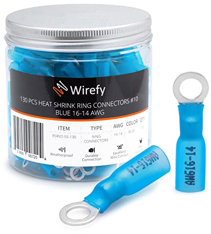 Wirefy Blaue Ringkabelschuhe Schrumpfverbinder M5 - Lötfreie Kabelschuhe Sortiment - Ringkabelschuh Quetschverbinder 1,5-2,5 mm² - 130 Stück